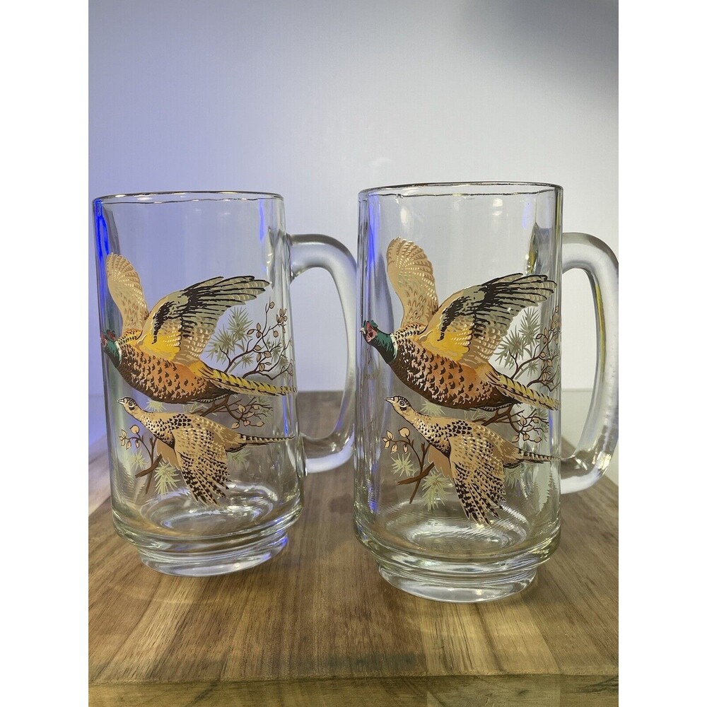VTG Painted Glass 2 Beer Mugs Pheasant Grouse Hunting Game Birds MCM Man Cave